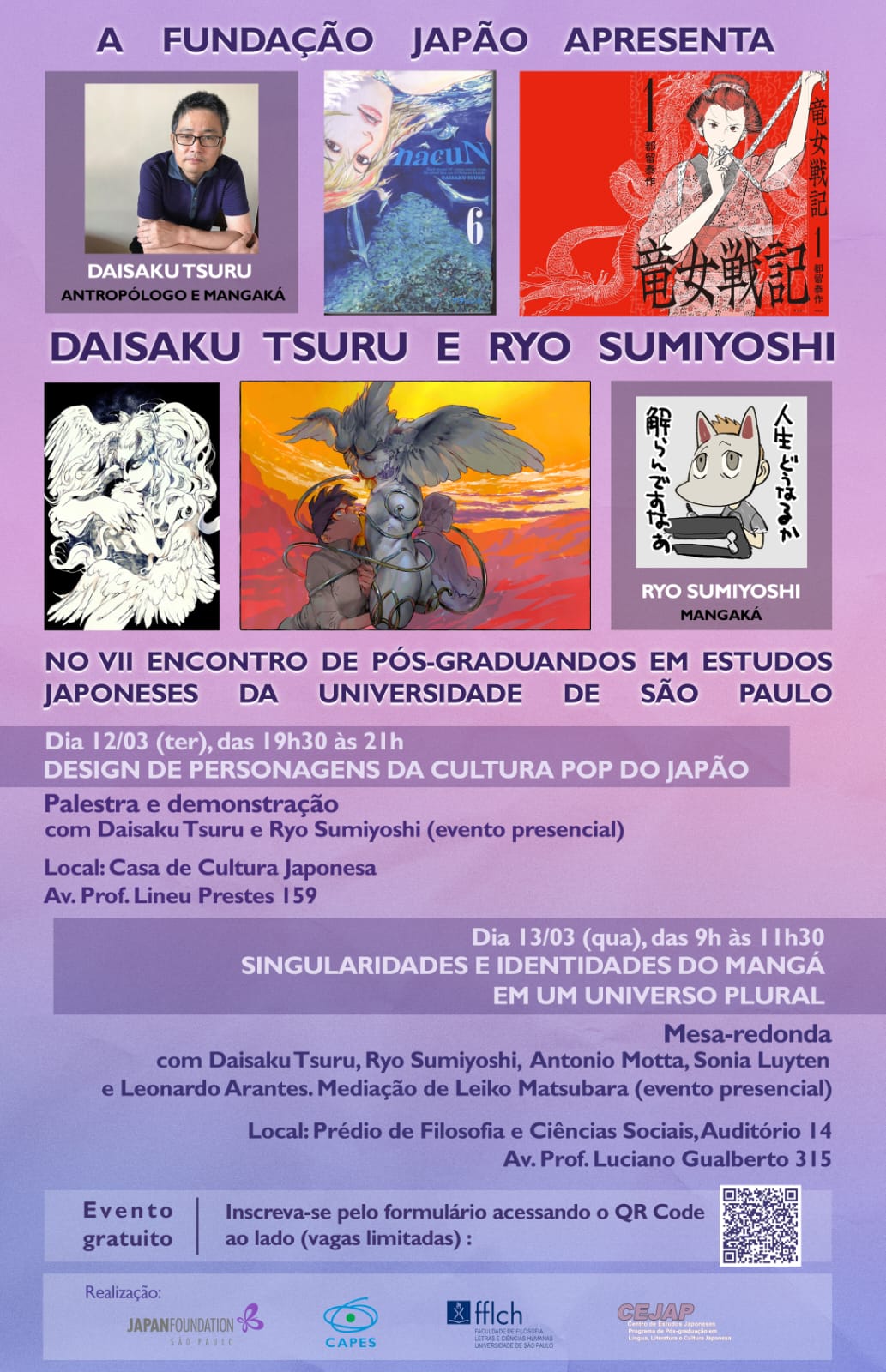 uma imagem com fundo roxo e um texto no topo escrito 'a fundação japão apresenta daisaku tsuru e resenta ryo sumiyoshi' entre imagens que representam os autores.
