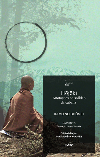 uma imagem azul com um monge e as letras dizem: Hōjōki – Anotações na solidão da cabana Kamo no Chōmei (1155–1216)